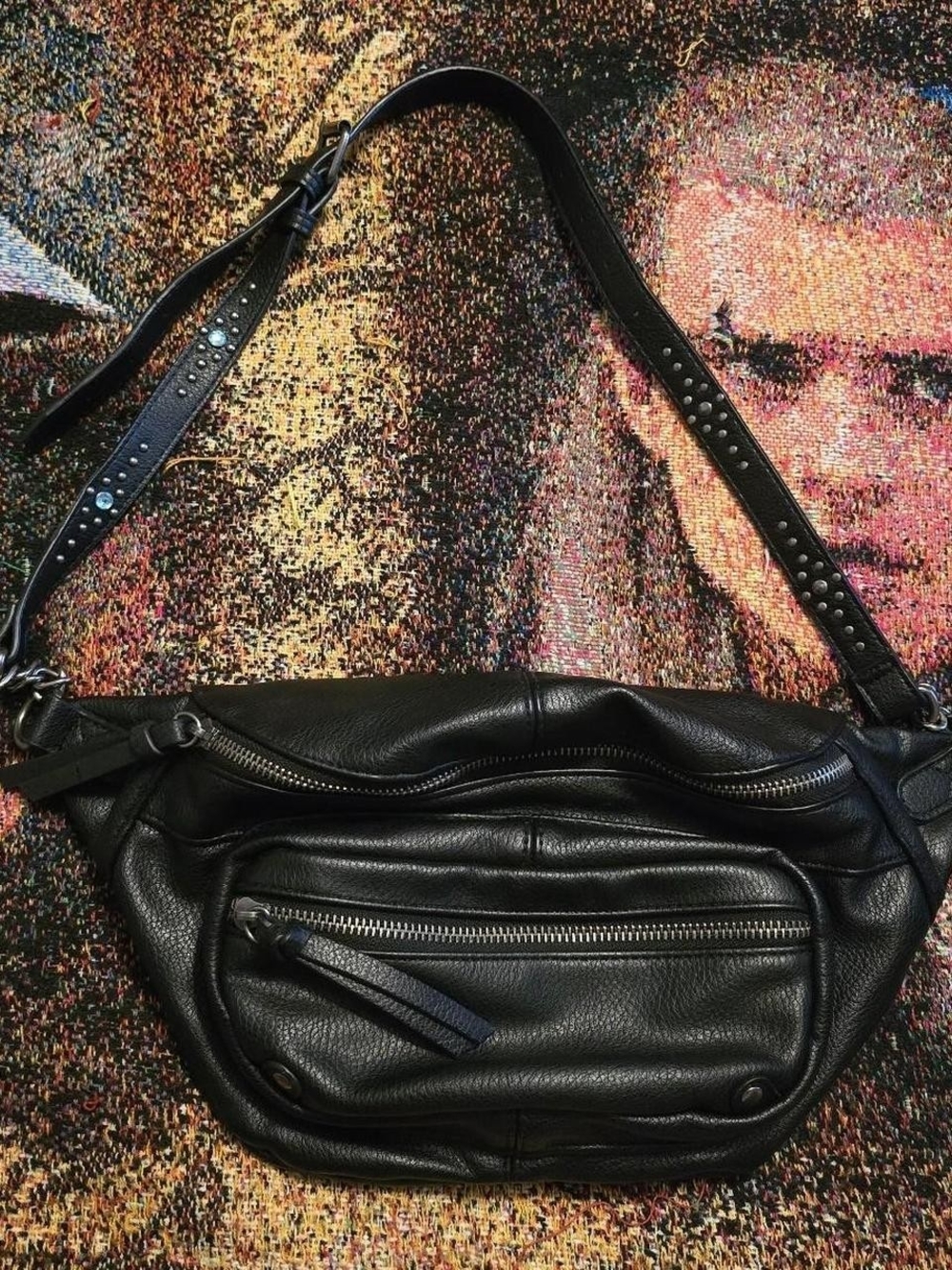 Black Waist/Sling Bag W/ Studded Strap Zipper Pockets